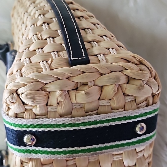 Chaps Tan Woven Purse with Navy Blue and Green Trim and Silver Tone Hardware - Picture 6 of 14